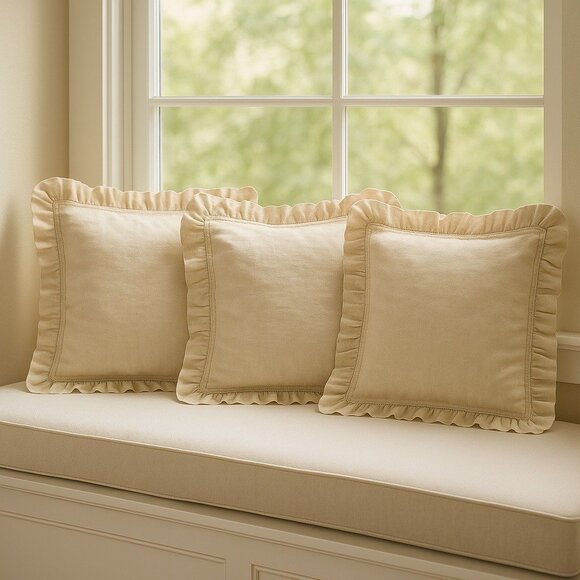 Pottery Barn 100% Linen Ruffle Edge Pillow Shams – Set of 3 – 26x26 Euro Size – - Picture 1 of 5